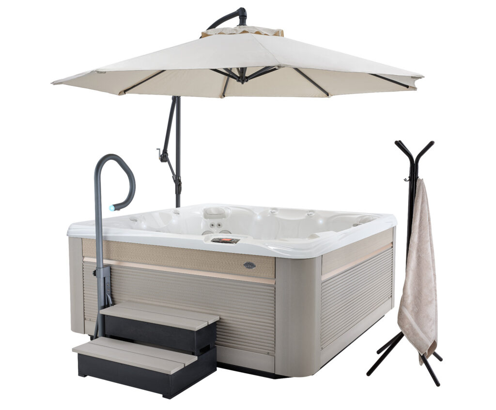 Caldera Spas hot tub with steps, handrail, towel rack, and umbrella hot tub accessories