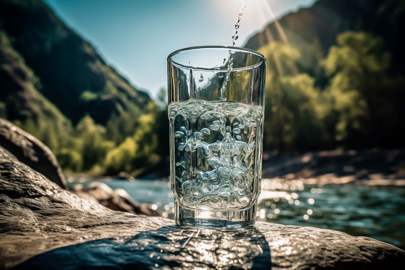 Clean water in a glass sitting on a rock in front of a river in the mountains